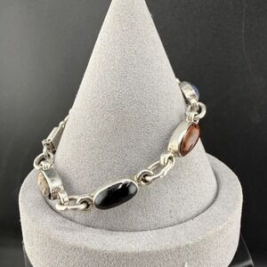 Vintage Taxco 950 Silver Bracelet Polished Stone 7"
